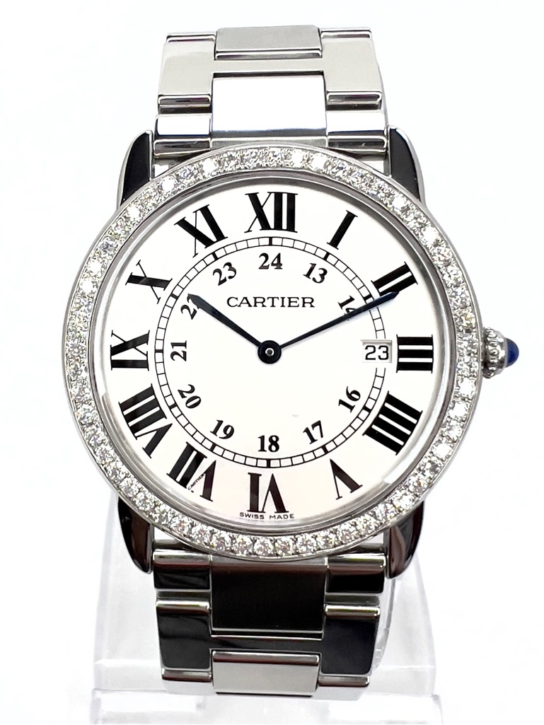 Cartier Ronde Solo Date 36mm Quartz Steel 11tcw Diamond Watch Silver Dial